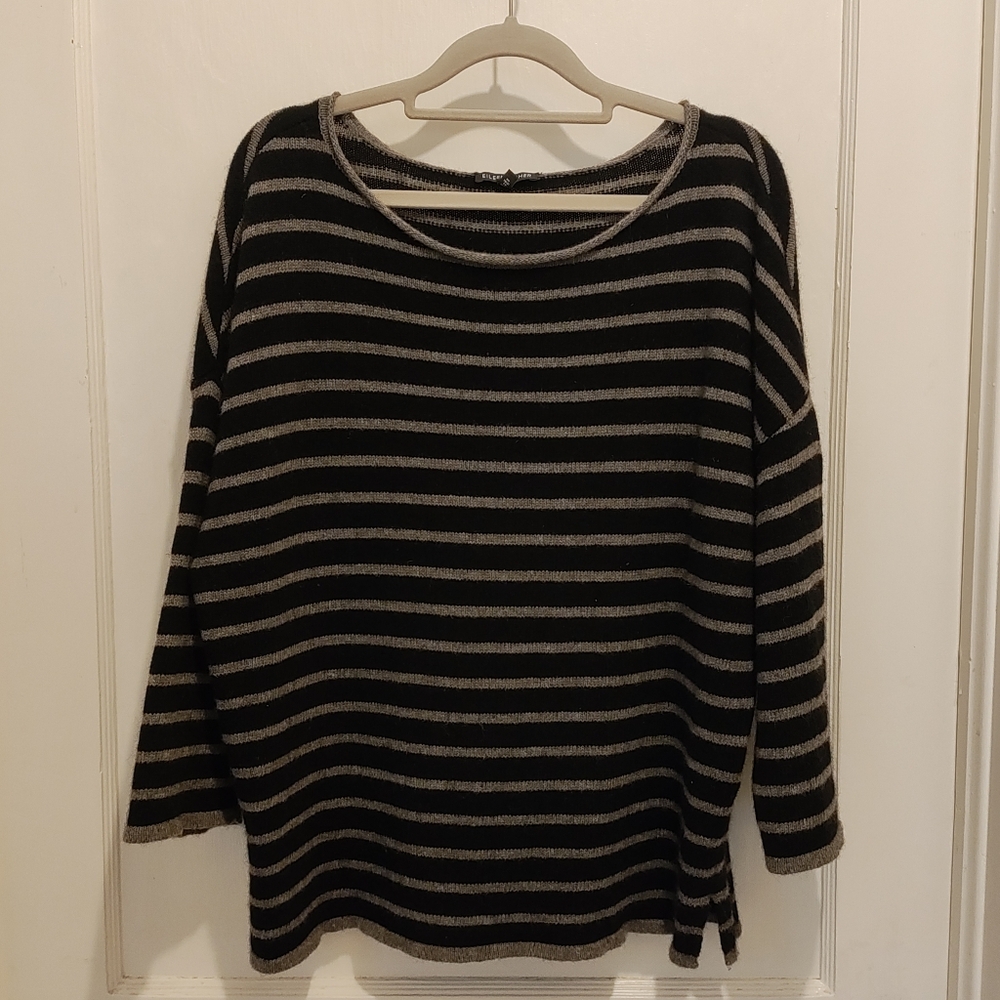 Eileen Fisher Wool Boatneck Sweater Black & Tan Women's Large